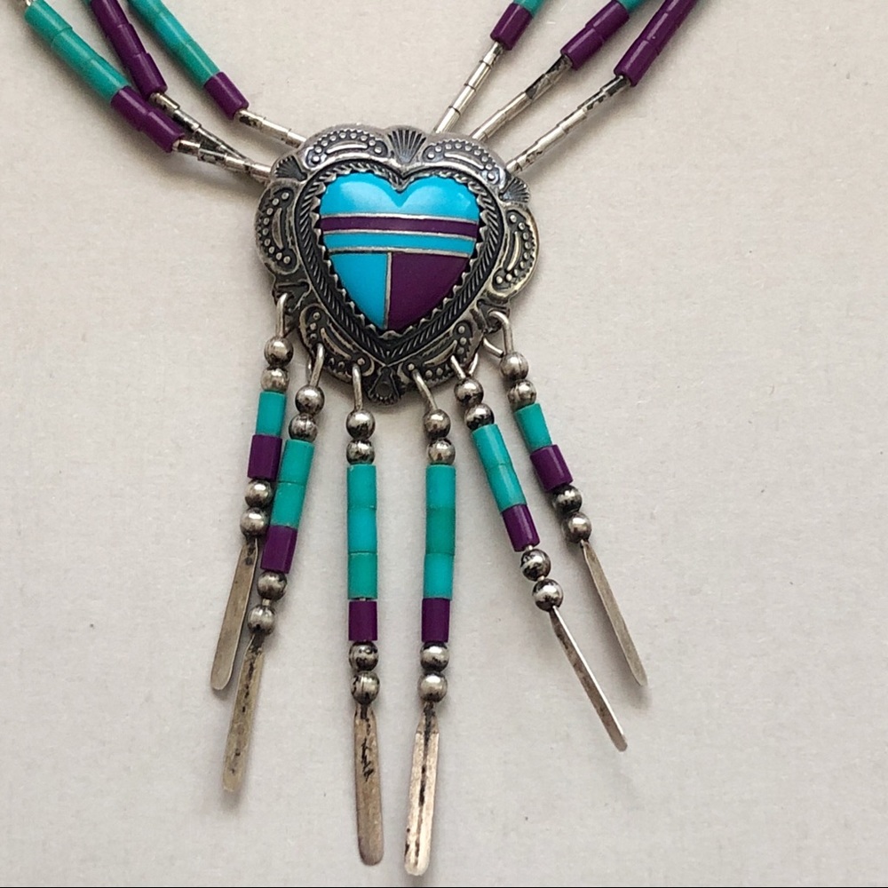 Southwestern Liquid Silver Inlay Turquoise Sugilite Sterling Heart Necklace - Picture 1 of 12